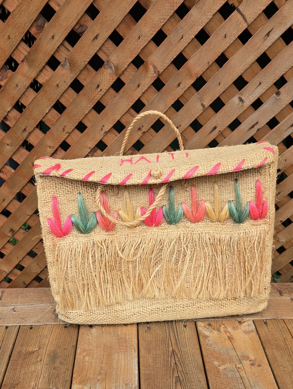 Handwoven Natural Straw Tote with Pink, Green & Yellow Accents